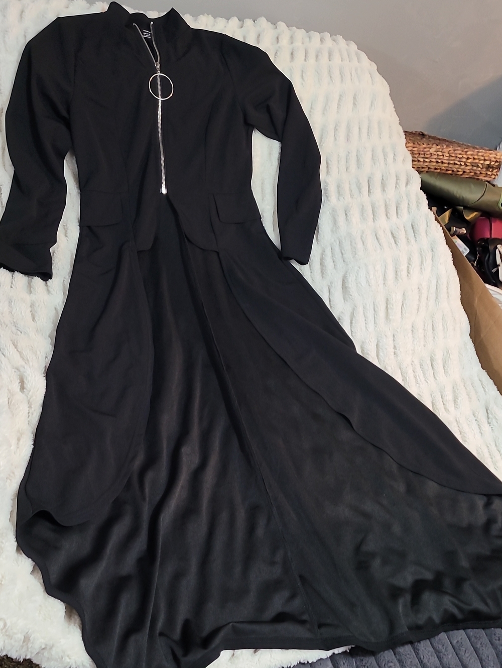 Black Long Sleeve Top With Flowing Back And Front Zip